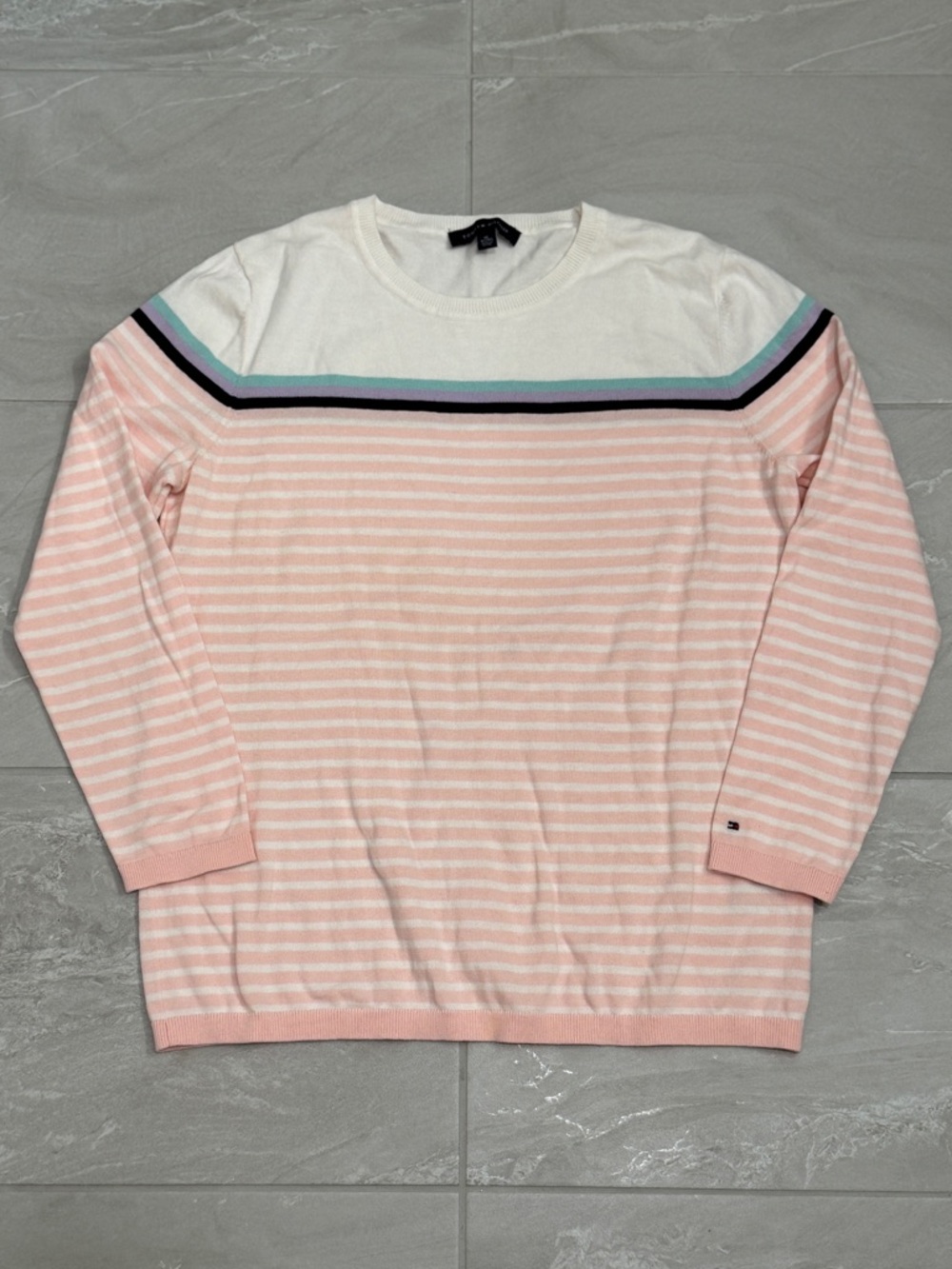 Tommy Hilfiger Pink White Striped Crewneck Sweater | Preppy Coastal Classic Knit